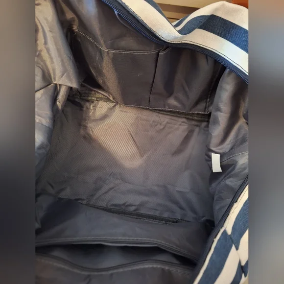 Lovevook Striped Blue and White Weekender Bag with Tan Accents - Picture 10 of 16